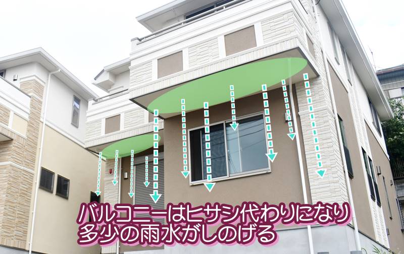 バルコニーはヒサシ代わりになり多少の雨がしのげる