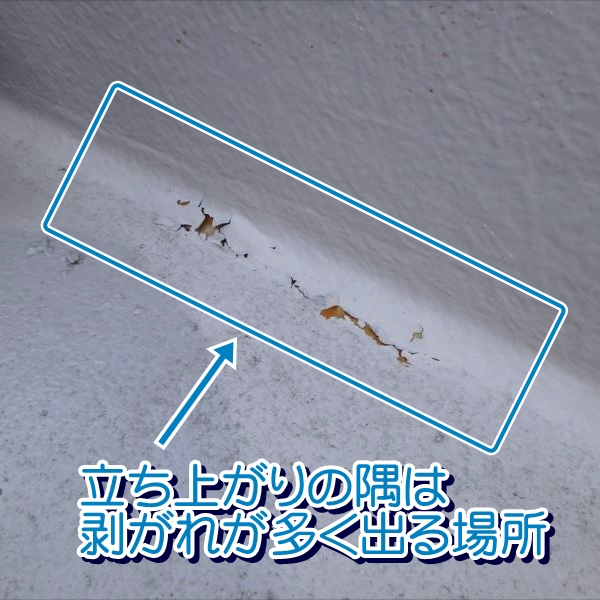 立ち上がりの隅は剥がれが多く出る場所