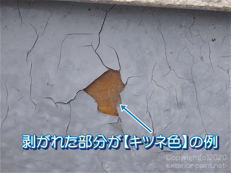 剥がれた部分が【キツネ色】の例