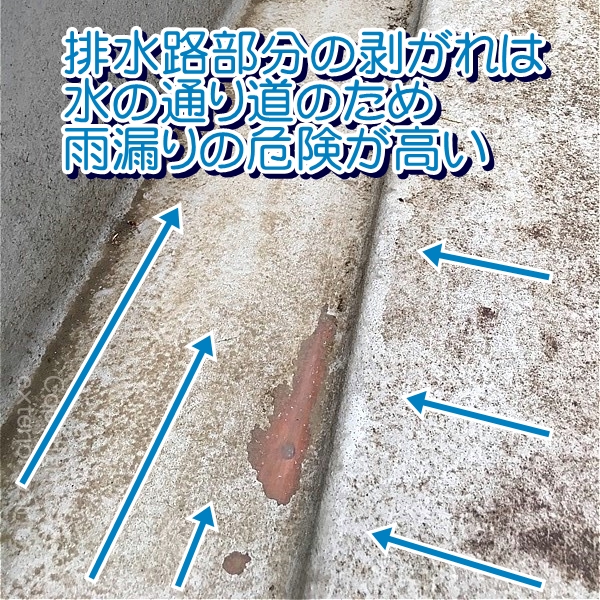 排水路部分の剥がれは水の通り道のため雨漏の危険が高い