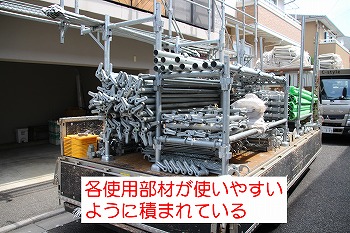 足場資材を載せたトラック