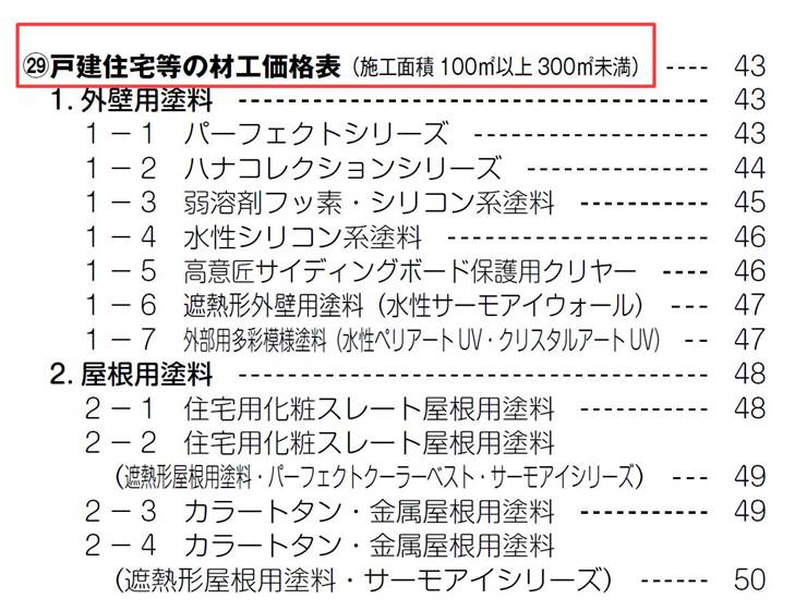 日本ペイント　設計価格表　戸建住宅等の材工価格表（施工面積100㎡以上300㎡未満）