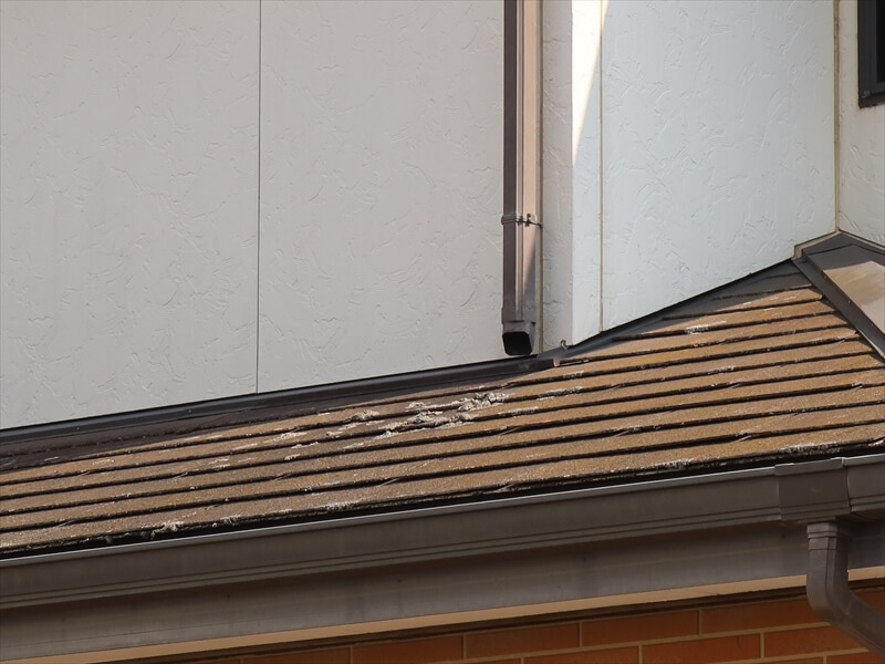 外壁から屋根の上に伸びるはずの雨樋が見当たりません。